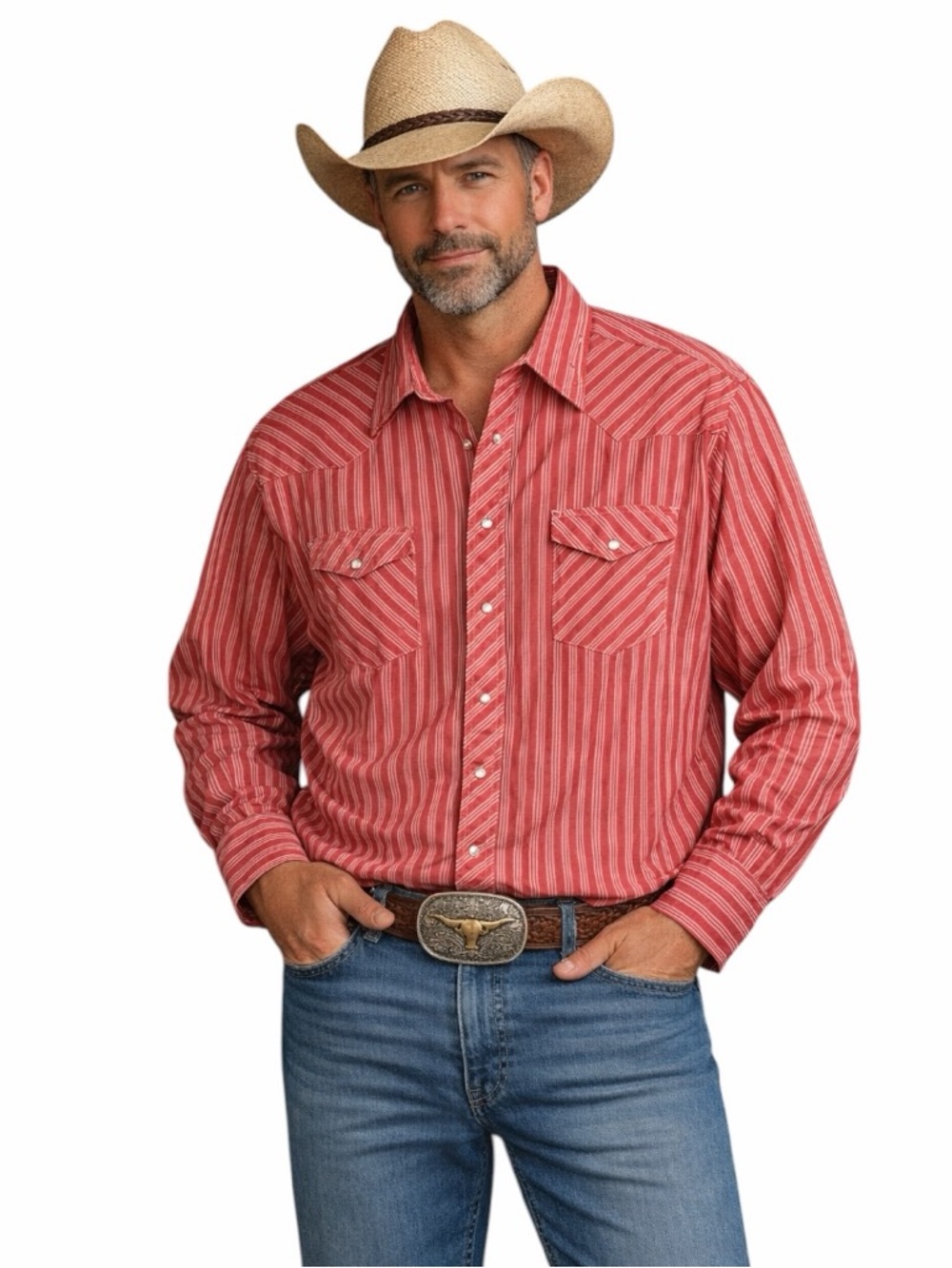 Wrangler Western Pearl Snap Shirt Men’s XXL Red Striped Long Sleeve Cowboy Shirt
